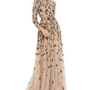 Dazzling Floral Sequin Beaded Long Sleeve A-Line Maxi Gown